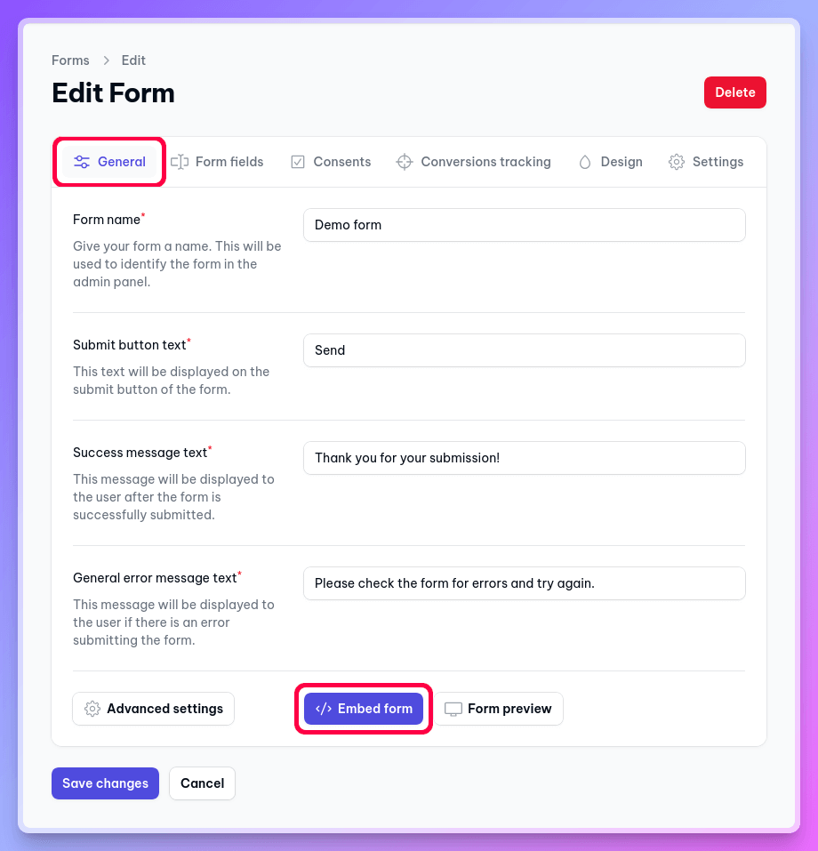 Embed form button
