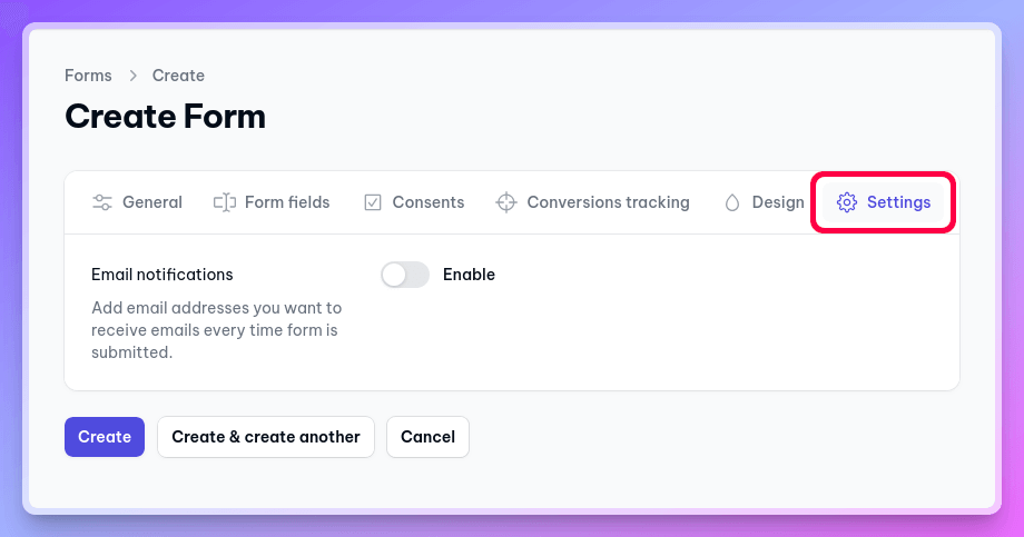 Edit form settings